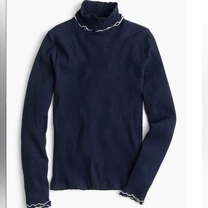 J. Crew Navy Ribbed Turtleneck with White Ruffle Detail
